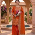 Designer Chinon Silk Embroidered Top Sharara Set with Dupatta (MD)
