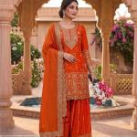 Designer Chinon Silk Embroidered Top Sharara Set with Dupatta (MD)