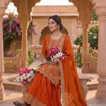 Designer Chinon Silk Embroidered Top Sharara Set with Dupatta (MD)