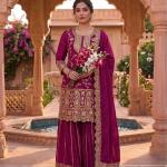Designer Chinon Silk Embroidered Top Sharara Set with Dupatta (MD)
