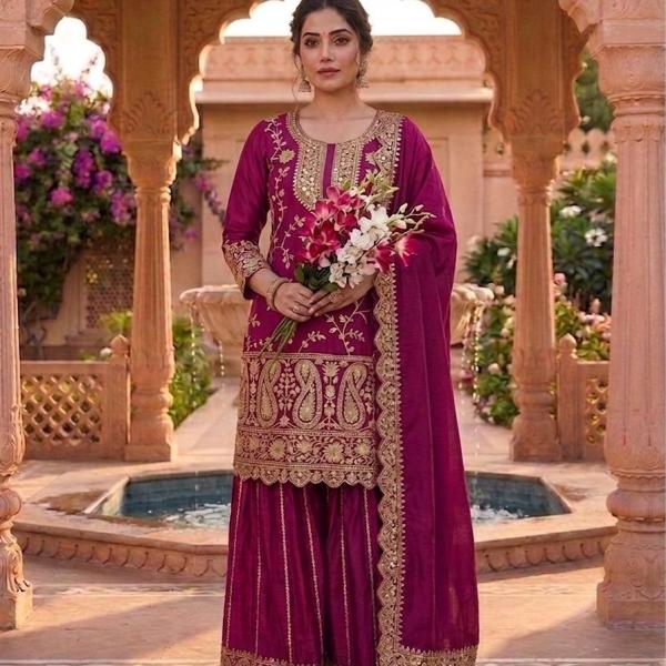 Designer Chinon Silk Embroidered Top Sharara Set with Dupatta (MD)