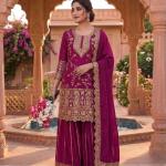 Designer Chinon Silk Embroidered Top Sharara Set with Dupatta (MD)