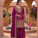 Designer Chinon Silk Embroidered Top Sharara Set with Dupatta (MD)