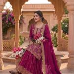 Designer Chinon Silk Embroidered Top Sharara Set with Dupatta (MD)