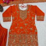 Designer Chinon Silk Embroidered Top Sharara Set with Dupatta (MD)