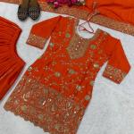 Designer Chinon Silk Embroidered Top Sharara Set with Dupatta (MD)