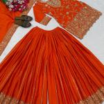 Designer Chinon Silk Embroidered Top Sharara Set with Dupatta (MD)