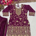 Designer Chinon Silk Embroidered Top Sharara Set with Dupatta (MD)