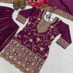 Designer Chinon Silk Embroidered Top Sharara Set with Dupatta (MD)