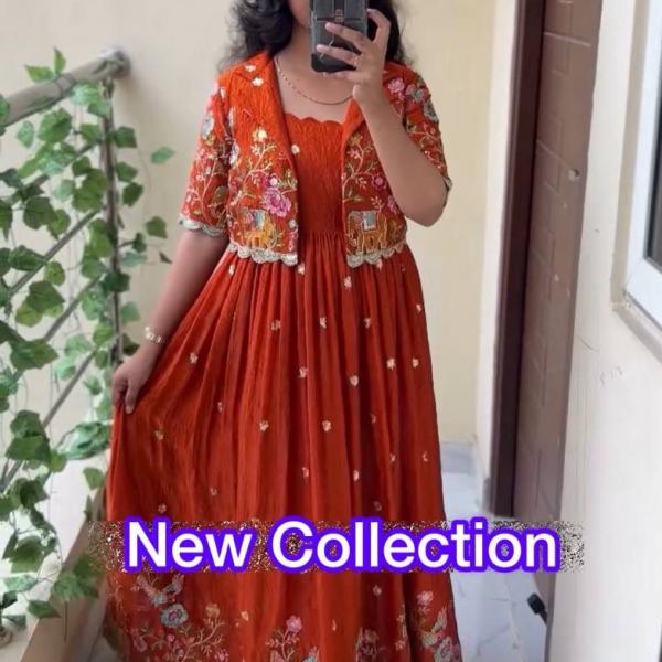 Crepe Silk Embroidered Gown with Jacket Set (PC)