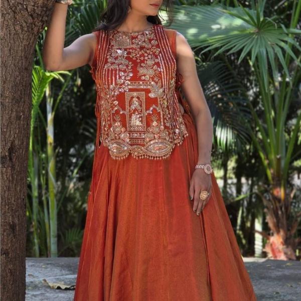 Vichitra Silk Lehenga Choli Set with Embroidered Shrug (PC)