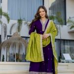 Vichitra Silk Embroidered Suit Set with Organza Dupatta (AF)