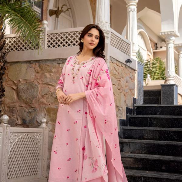 Chanderi Silk Butti A-Line Kurti Pant Dupatta Set