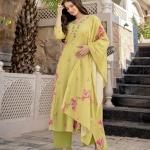 Chanderi Silk Butti A-Line Kurti Pant Dupatta Set
