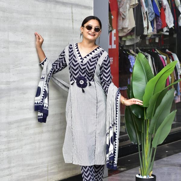Zik Zek Handwork Jaipuri Cotton Kurti Pant Dupatta Set