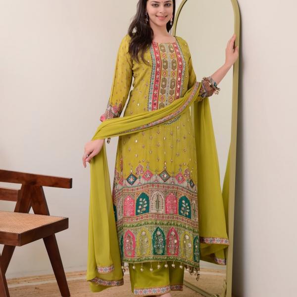Pista Shanti Chinon Anarkali Kurti Palazzo Set with Dupatta