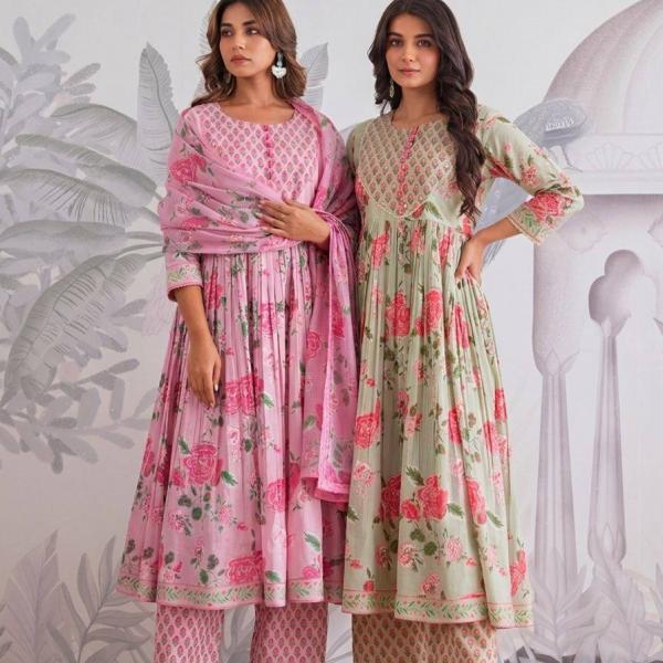 Ruhi Jaipuri Cotton Anarkali Kurti Pant Dupatta Set (AK)