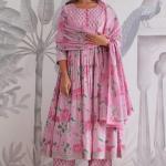 Ruhi Jaipuri Cotton Anarkali Kurti Pant Dupatta Set (AK)